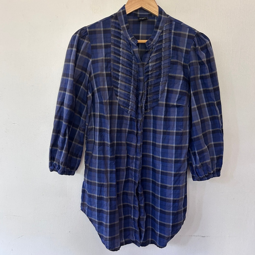 Olian Womens Blue Plaid Ruffle Bib Tunic Top 3/4 Puff Sleeve Cotton XS Western